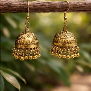 Vintage Indian Bollywood Jhumka Earrings Gold Tone Boho Gypsy Dangle Drop Bell